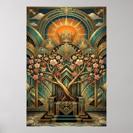 Art Deco Kersenbloesem Boom Troon Goud Teal Poster