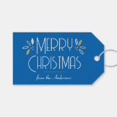 Art Deco Kerst Elegante Typografie Blauw Goud Cadeaulabel (Voorkant (Horizontaal))