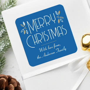 Art Deco Kerst Elegante Typografie Blauw Goud Vierkante Sticker