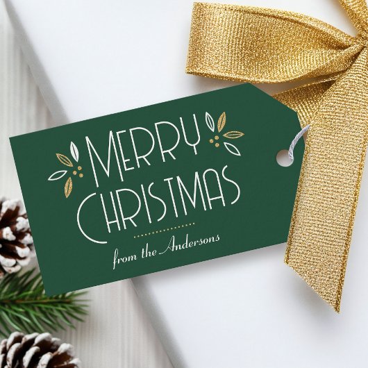 Art Deco Kerst Elegante Typografie Groen Goud Cadeaulabel