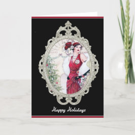Art Deco Kerst Flapper Vrouw in Rood Feestdagen Kaart