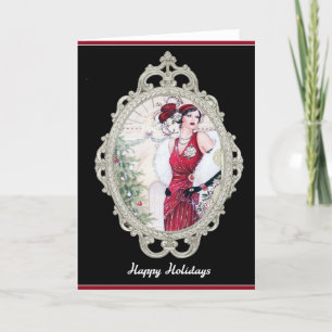 Art Deco Kerst Flapper Vrouw in Rood Feestdagen Kaart