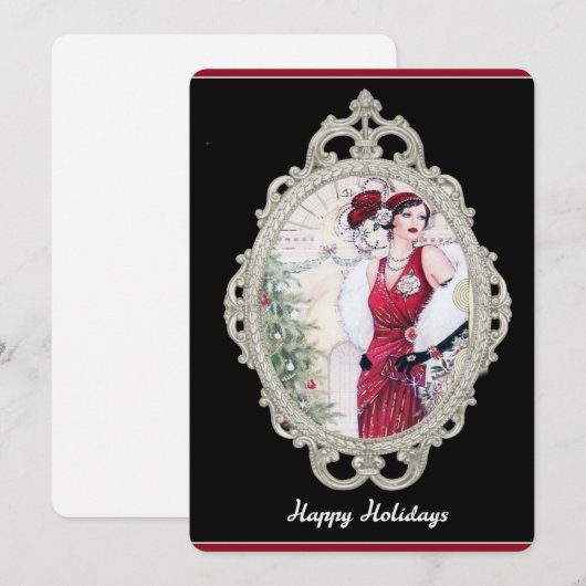 Art Deco Kerst Flapper Vrouw in Rood Kaart (Voorkant / Achterkant)