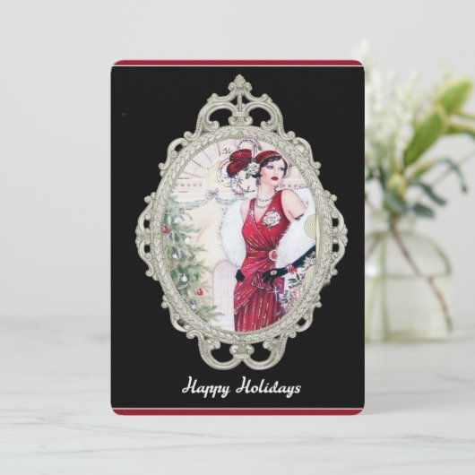 Art Deco Kerst Flapper Vrouw in Rood Kaart (Staand voorkant)