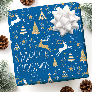 Art Deco Kerst Reindeer Aangepaste Naam Blauw Goud Cadeaupapier