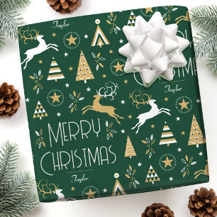 Art Deco Kerst Reindeer Aangepaste Naam Groen Cadeaupapier
