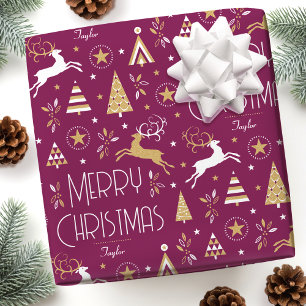 Art Deco Kerst Reindeer Aangepaste Naam Pruim Goud Cadeaupapier