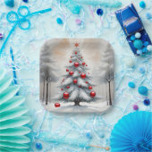 Art Deco Kerst Rode Ornamenten Winter Papieren Bordje (Feest)