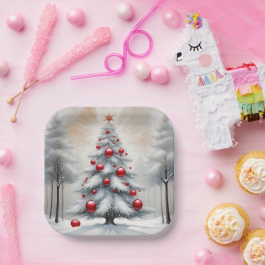 Art Deco Kerst Rode Ornamenten Winter Papieren Bordje (Feest)