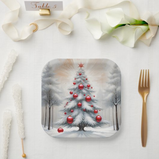 Art Deco Kerst Rode Ornamenten Winter Papieren Bordje (Huwelijk)