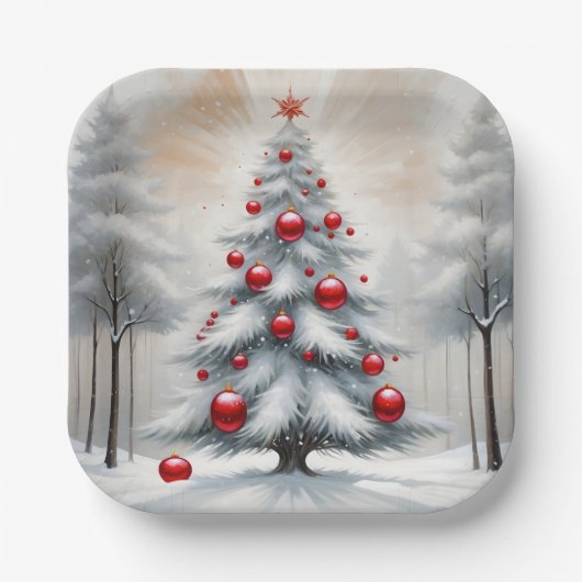 Art Deco Kerst Rode Ornamenten Winter Papieren Bordje (Voorkant)