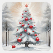 Art Deco Kerst Rode Ornamenten Winter Vierkante Sticker (Voorkant)