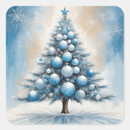 Art Deco Kerstboom Blauw Luxe Ornamenten Vierkante Sticker