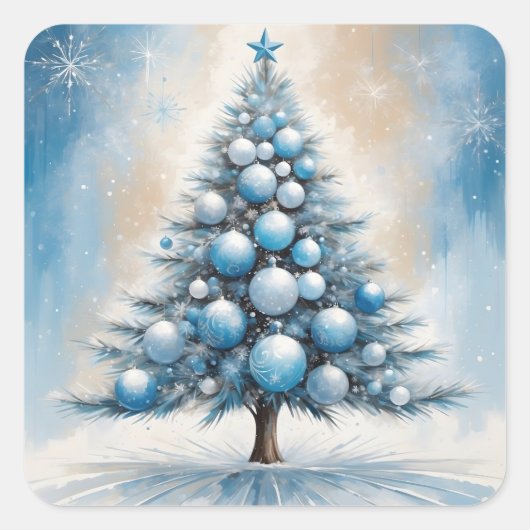 Art Deco Kerstboom Blauw Luxe Ornamenten Vierkante Sticker (Voorkant)