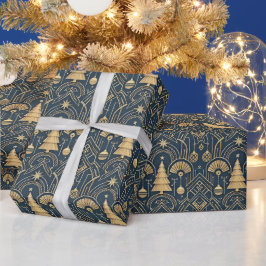 Art Deco kerstboompatroon in marineblauw Cadeaupapier