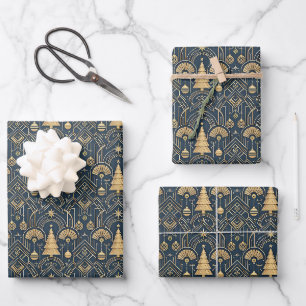 Art Deco kerstboompatroon in marineblauw Inpakpapier Vel