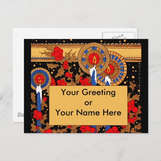 Art Deco Kerstkaarsen en Holly Feestdagenkaart (Voorkant / Achterkant)