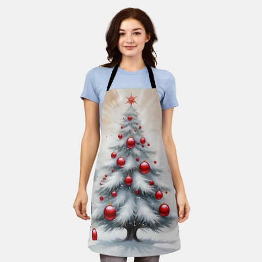 Art Deco Kerstmis Rode Ornamenten Winter Schort (Gedragen)