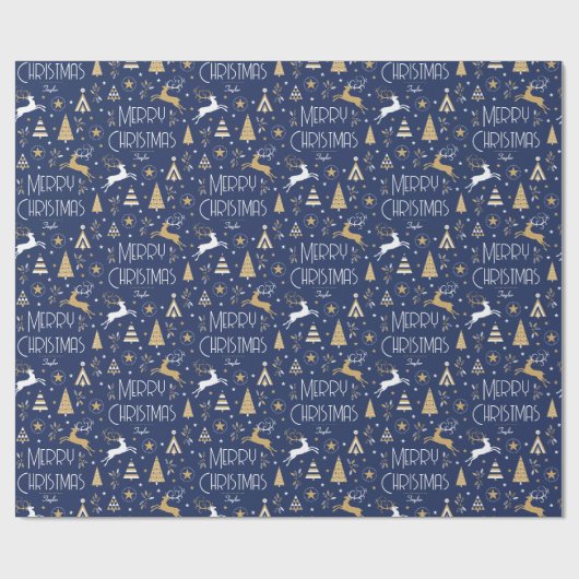Art Deco Kerstrendier Aangepaste naam Donkerblauw Cadeaupapier (Vlak)