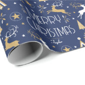 Art Deco Kerstrendier Aangepaste naam Donkerblauw Cadeaupapier (Rol Hoek)