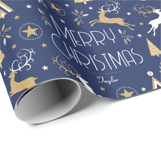 Art Deco Kerstrendier Aangepaste naam Donkerblauw Cadeaupapier (Rol Hoek)