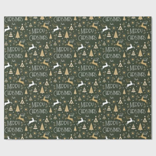 Art Deco Kerstrendier Aangepaste naam Donkergroen Cadeaupapier (Vlak)