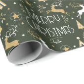 Art Deco Kerstrendier Aangepaste naam Donkergroen Cadeaupapier (Rol Hoek)