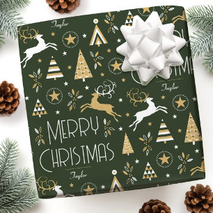 Art Deco Kerstrendier Aangepaste naam Donkergroen Cadeaupapier