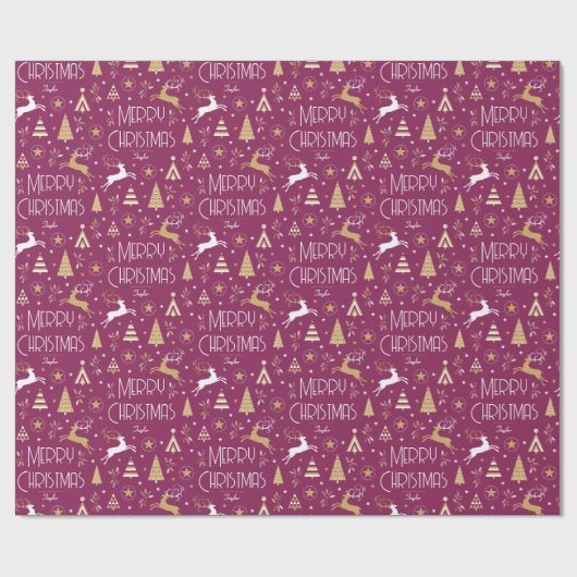 Art Deco Kerstrendier Aangepaste naam Plum Gold Cadeaupapier (Vlak)
