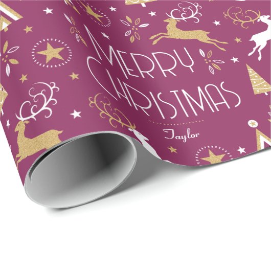 Art Deco Kerstrendier Aangepaste naam Plum Gold Cadeaupapier (Rol Hoek)