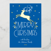 Art Deco Kerstrendier foto blauw goud Folie Feestdagenkaart (Voorkant)