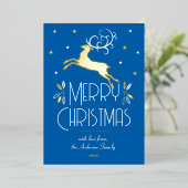 Art Deco Kerstrendier foto blauw goud Folie Feestdagenkaart (Staand Voorkant)