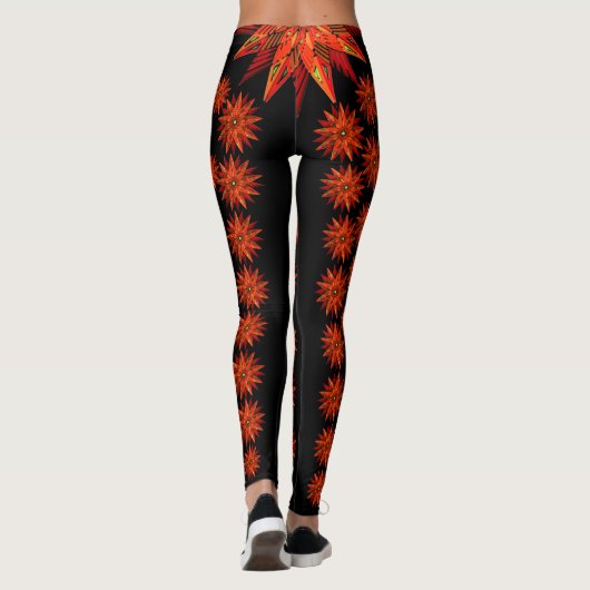 Art Deco-kerstrood poinsettia op zwart Leggings (Achterkant)