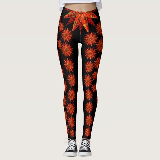 Art Deco-kerstrood poinsettia op zwart Leggings (Voorkant)