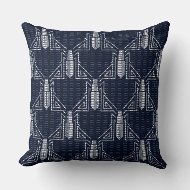Art Deco Kever Dashed Pattern - Grijs op Navy Blue Kussen (Voorkant)