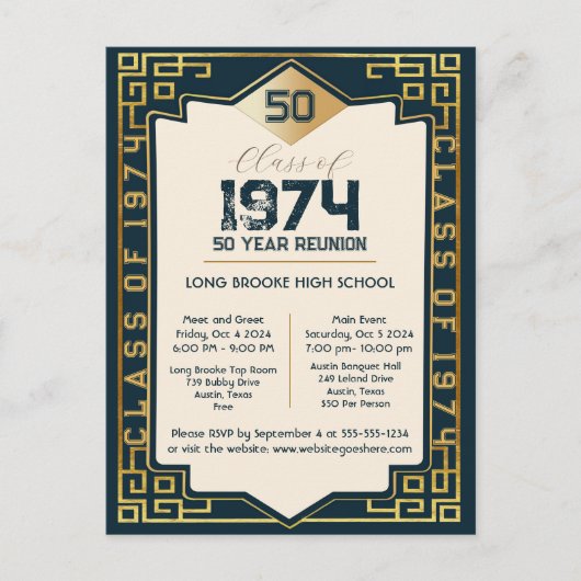 Art Deco Klasse van 1974 50 Jaar High School Reuni Briefkaart (Voorkant)