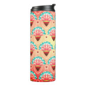 Art deco koraal roze bloemmotief geel blauwgroen thermosbeker (Gedraaid links)