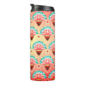 Art deco koraal roze bloemmotief geel blauwgroen thermosbeker (Geroteerd rechts)