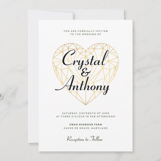 Art Deco Kristallen Hart Script Bruiloft Kaart (Voorkant)