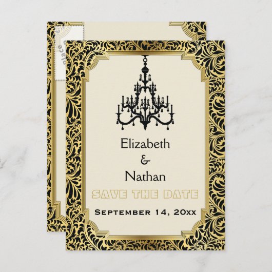 Art Deco kroonluchter bruiloft Save the Date Aankondigingskaart (Voorkant / Achterkant)