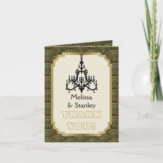 Art Deco kroonluchter zwart, goud bruiloft Dank je Bedankkaart (Voorkant)