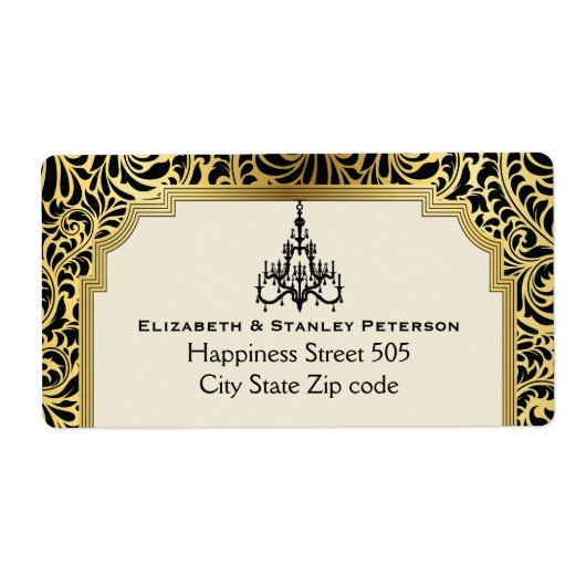 Art Deco kroonluchter zwart, gouden bruiloft Etiket (Voorkant)
