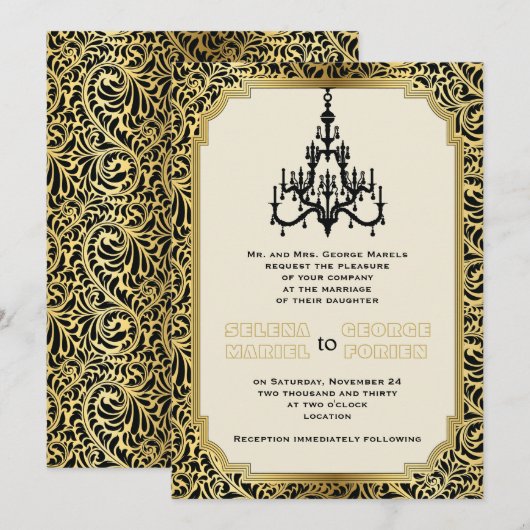 Art Deco kroonluchter zwart, gouden bruiloft Kaart (Voorkant / Achterkant)