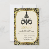 Art Deco kroonluchter zwart, gouden bruiloft RSVP (Voorkant)