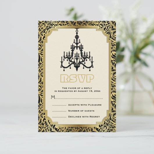 Art Deco kroonluchter zwart, gouden bruiloft RSVP (Staand voorkant)