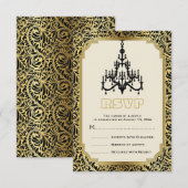 Art Deco kroonluchter zwart, gouden bruiloft RSVP (Voorkant / Achterkant)