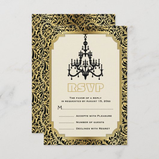 Art Deco kroonluchter zwart, gouden bruiloft RSVP (Voorkant / Achterkant)