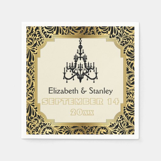 Art Deco kroonluchter zwart, gouden damast bruilof Servet (Voorkant)