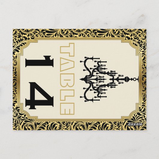 Art Deco kroonluchter zwart, gouden tafel nummer Briefkaart (Achterkant)