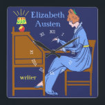 Art Deco Lady Auteur op schrijfbureau in blauw Vierkante Klok<br><div class="desc">Deze gepersonaliseerde vierkante wandklok heeft een Art Deco stencil. Een vrouw in een blauwe jurk zit aan een schrijfbureau met een pen opgetild terwijl een lamp naast haar schijnt. De achtergrond is donkerblauw. De vrouw ziet eruit alsof ze uit de 19e of vroege 20e eeuw komt. Het ontwerp heeft een...</div>